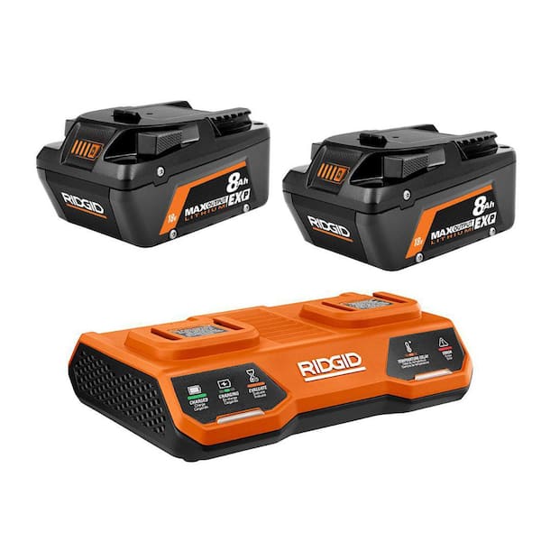 RIDGID 18V Dual Port Charger with (2) 8.0 Ah MAX Output EXP Batteries with 18V Dual Port Simultaneous Charger