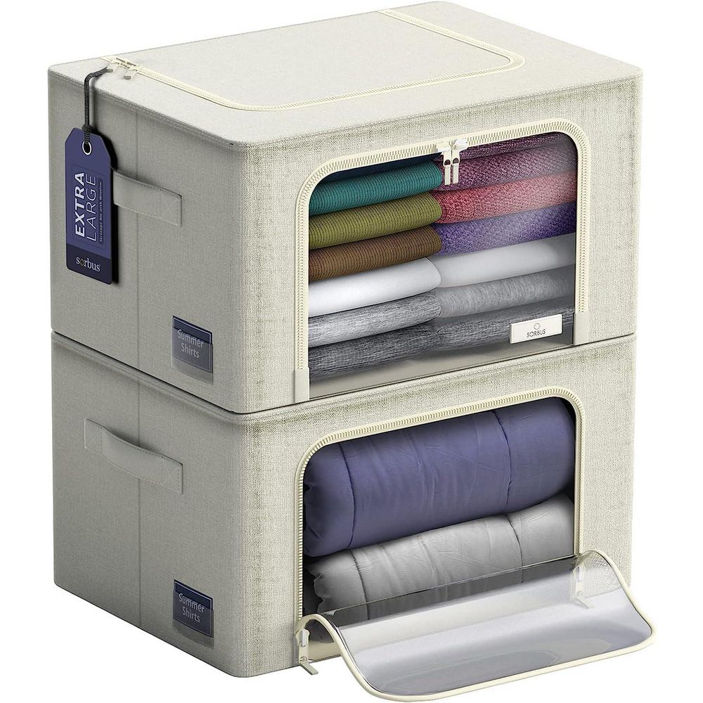 Beige 24 in. x 14 in. Fabric Decorative Box Set of 2, Jumbo Stackable Storage Bins with Metal Frame, Window, & Handles