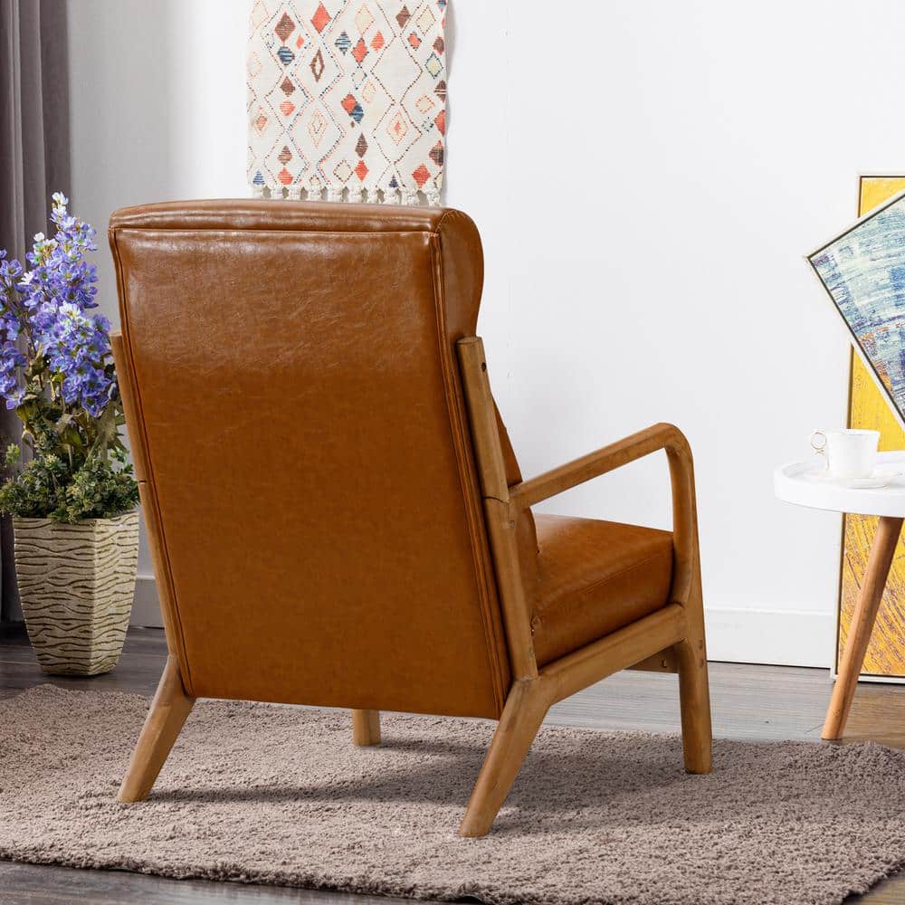 Camel Faux Leather Barrel Accent Chair with Wood Frame