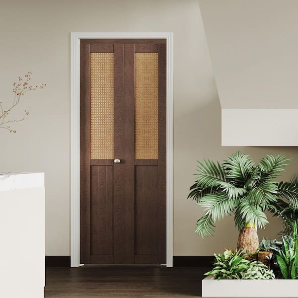 30 in. x 80 in. Half Webbing Half Panel, MDF,Cherry, Solid Core, Composite, PVC Covering Bi-Fold Door with Hardware Kits