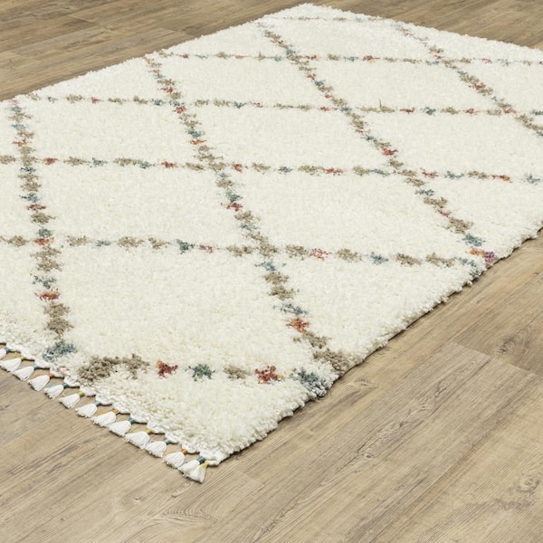 Avalon Ivory/Multi-Colored 2 ft. x 8 ft. Trellis Geometric Diamond Polypropylene Shag Tassel Indoor Runner Area Rug
