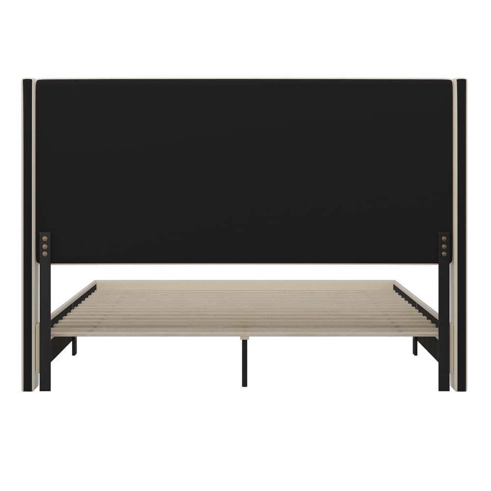 Beige King Upholstered Platform Bed with Wingback Headboard