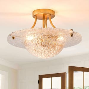 OUKANING 13.8 in. 3-Light Gold Modern Semi-Flush Mount
