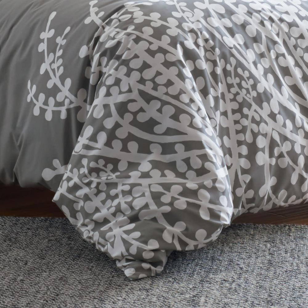 Twin Gray Cotton Branch Pattern Duvet Cover Set