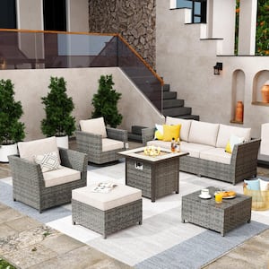 Fontainebleau Gray 8-Piece Wicker Outerdoor Patio Fire Pit Set with Beige Cushions and Swivel Rocking Chairs