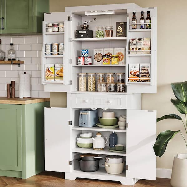 White Engineered Wood 30 in. Kitchen Pantry Cabinet with Storage Drawer, Sensor light, Adjustable Shelves and Doors