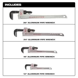 36 in. Aluminum Pipe Wrench, 24 in. Aluminum Pipe Wrench, 18 in. Aluminum Pipe Wrench, and 12 in. Aluminum Pipe Wrench