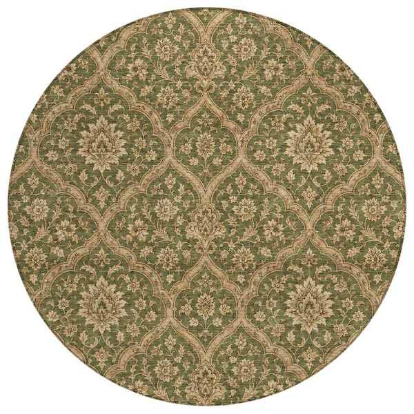 Chantille Machine Washable Indoor/Outdoor Abstract ACN3139 Olive 8 ft. x 8 ft. Round Rug