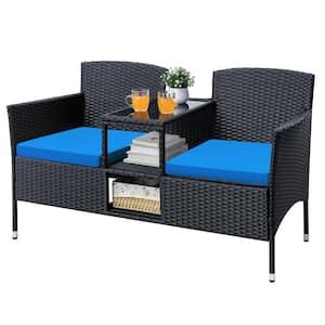 Black Wicker Outdoor Patio Loveseat with Dodger Blue Cushions and Center Storage Table