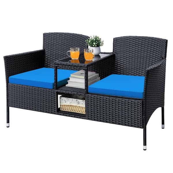 Foredawn Black Wicker Outdoor Patio Loveseat with Dodger Blue Cushions and Center Storage Table