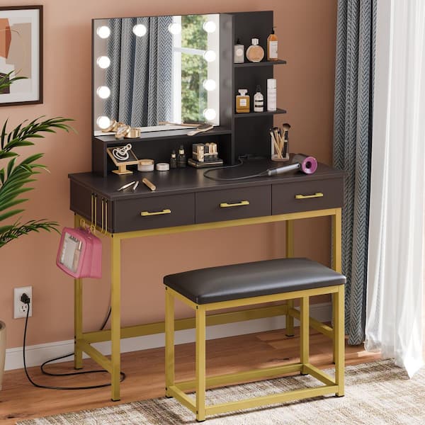 Makeup Vanity with Lights, Vanity Desk with Openable Mirror & 3-Color  Dimmable, White Vanity Table with Charging Station, Makeup Desk with Visual