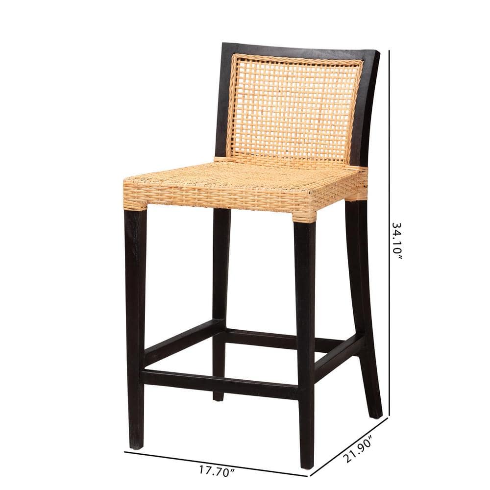 Lingga Dark Brown Mahogany Wood and Natural Rattan Counter Stool