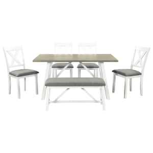 6-Piece White and Gray Wood Top Dining Table Set with Bench and 4-Rustic Chairs