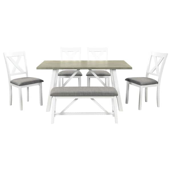 FORCLOVER 6-Piece White and Gray Wood Top Dining Table Set with Bench and 4-Rustic Chairs