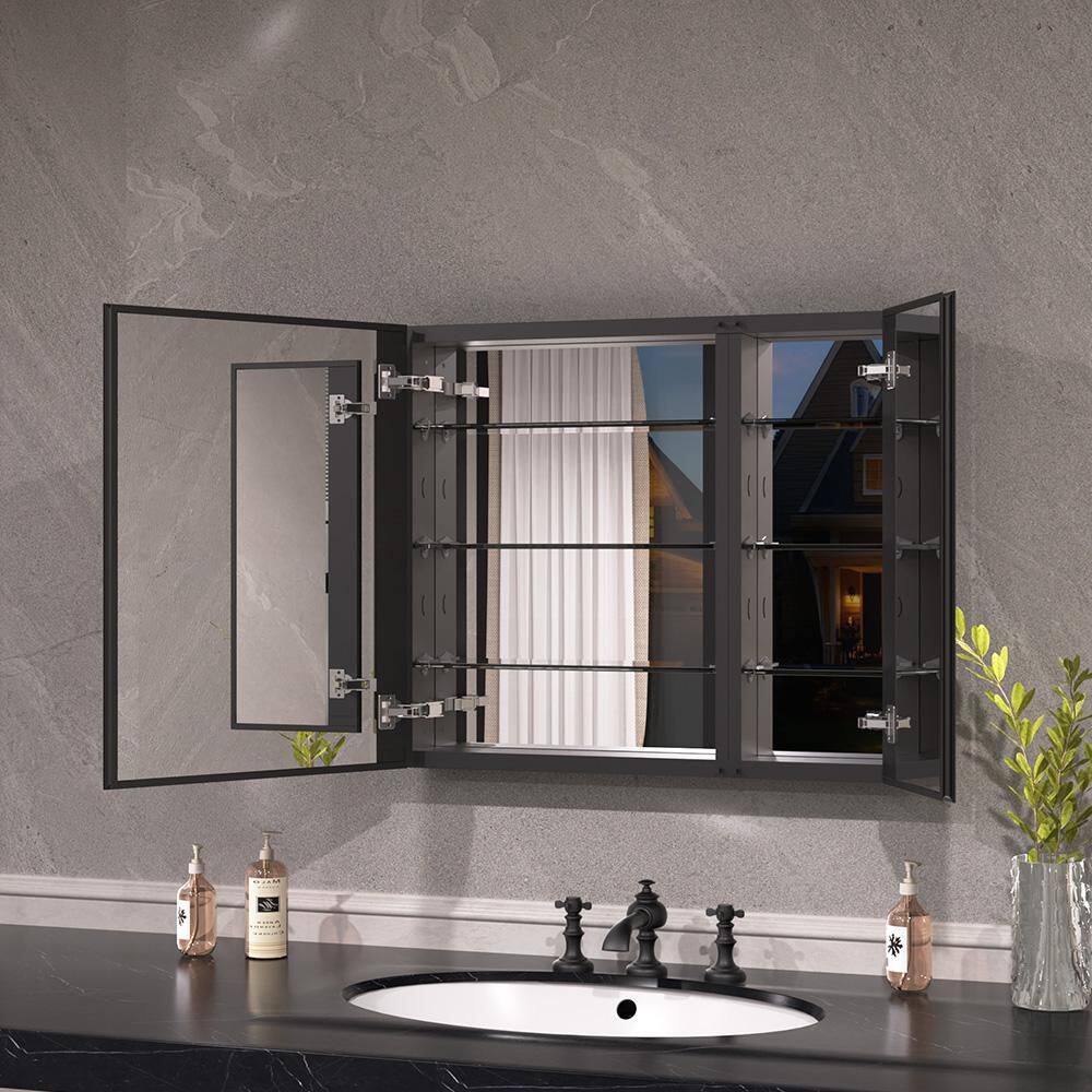 Keen 30 in. x 26 in. Framless Recessed or Surface-Mount Rectangular Aluminum Medicine Cabinet with Mirror in Matte Black price history on PriceWatchPro