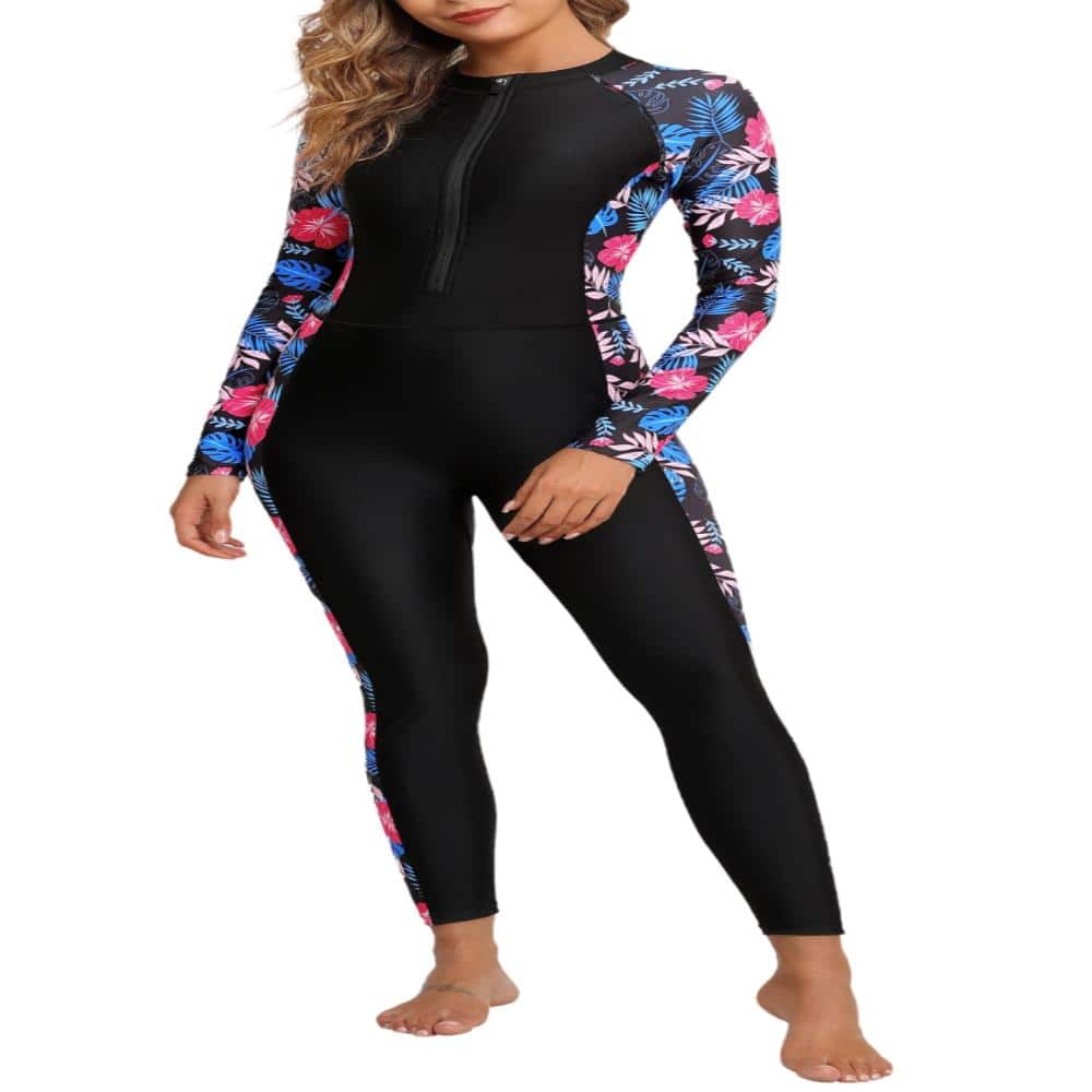 UPF 50+ Women's Rash Guard One-Piece Swimsuit Zip Front Built-In Bra Black Pink Flower 1-Piece