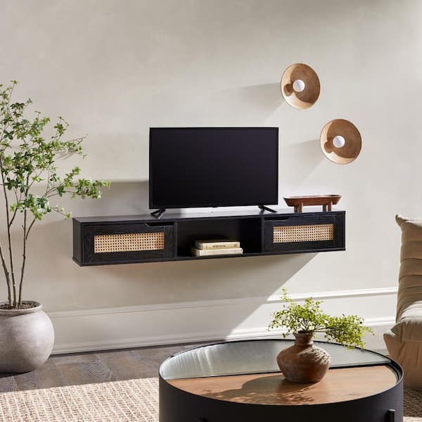 Welwick Designs 58 in. Black Wood Modern Floating TV Stand with 2