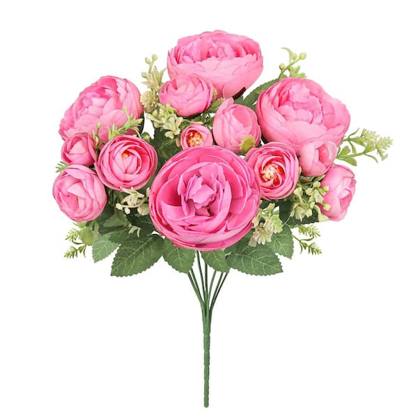 LIVING LUXURY 12 in. Pink Artificial Peony Flower Stem Bush Bouquet (Set -3)