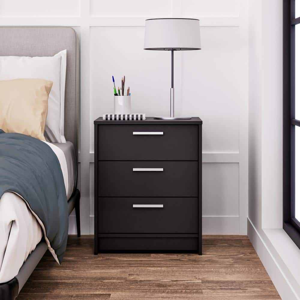Black 3-Drawer Modern Wood Nightstand