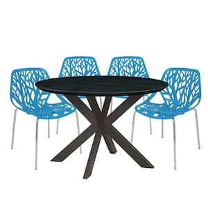 Ravenna 5-Piece Dining Set with 4-Stackable Plastic Chairs and Round Table with Geometric Base, Blue