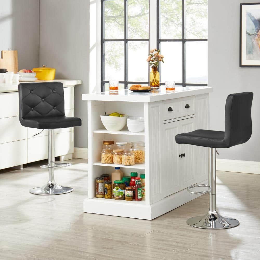 Adjustable Black Faux Leather Backless Swivel Bar Stools, Set of 2