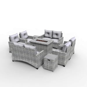 Quella Gray 9-Piece Wicker Patio Fire Pit Conversation Sofa Set with Gray Cushions