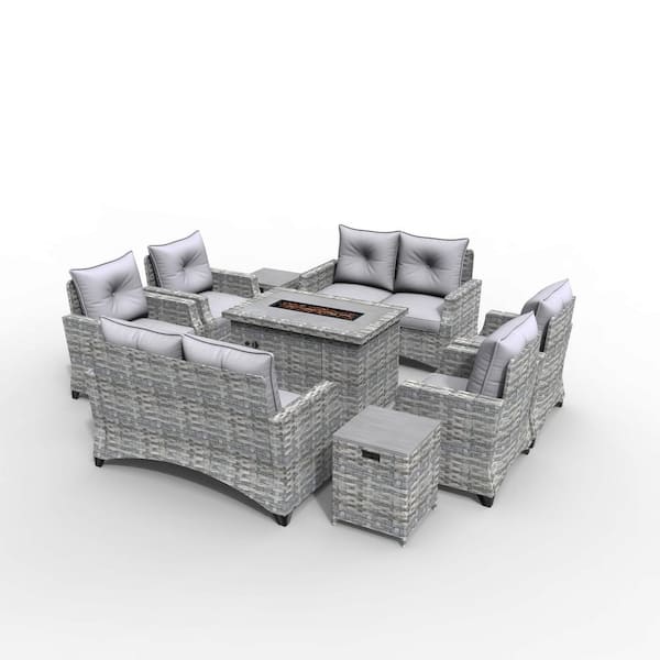 moda furnishings Quella Gray 9-Piece Wicker Patio Fire Pit Conversation Sofa Set with Gray Cushions
