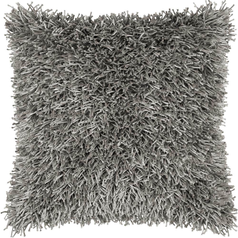 Gray Solid Shag Poly Filled 18 in. X 18 in. Decorative Throw Pillow