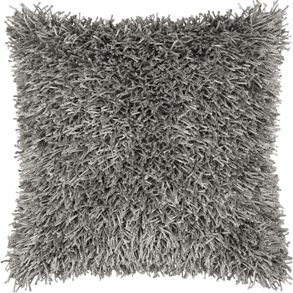Gray Solid Shag Poly Filled 18 in. X 18 in. Decorative Throw Pillow