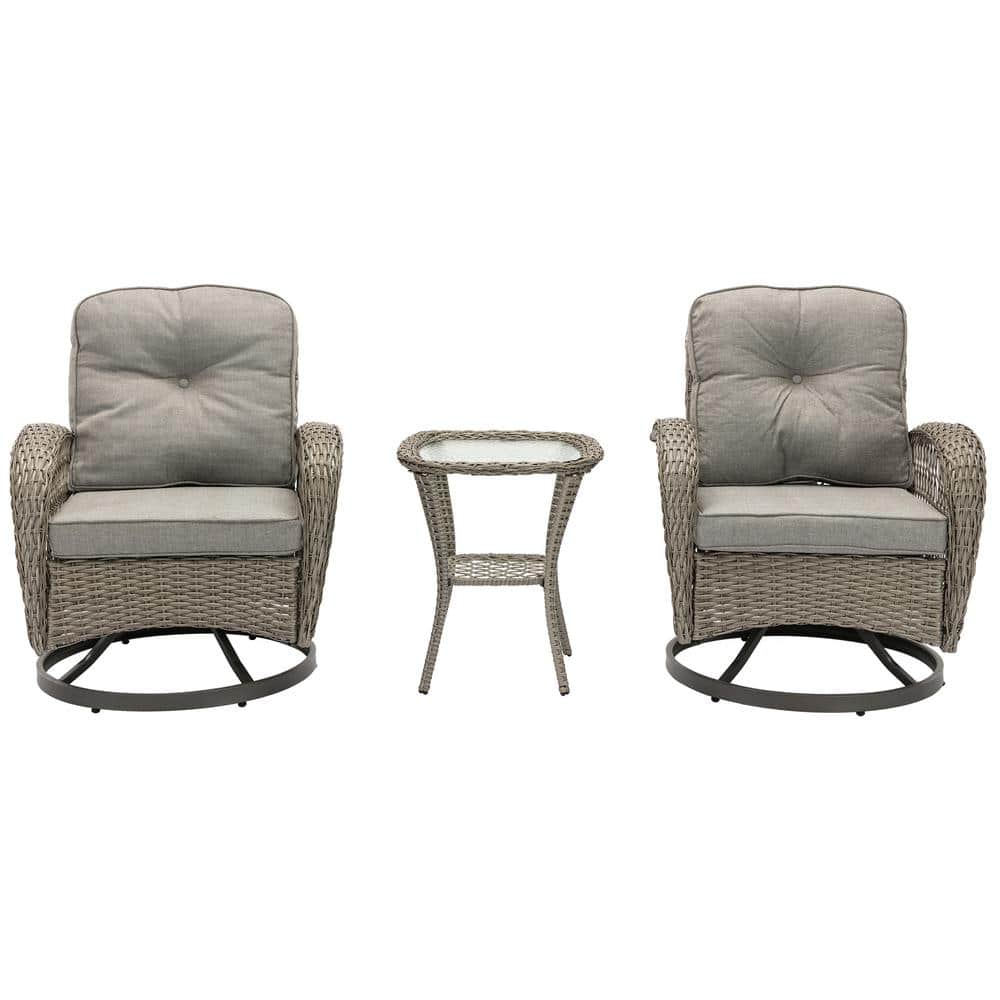 Gray 3-piece Wicker Rotatable Patio Conversation Set With Gray Cushions And
