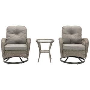 Gray 3-piece Wicker Rotatable Patio Conversation Set With Gray Cushions And Glass Top Coffee Table