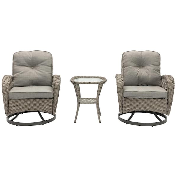 Unbranded Gray 3-piece Wicker Rotatable Patio Conversation Set With Gray Cushions And Glass Top Coffee Table