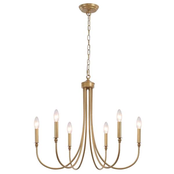 6-Light Gold Modern Chandelier, Sloped Ceiling Adaptable Pendant Light for Living Room