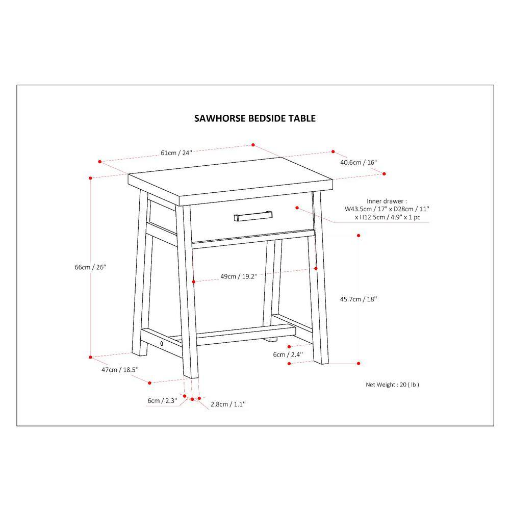 Sawhorse Solid Pine 24" Distressed Grey Modern Industrial Nightstand