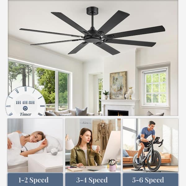 72 in. Indoor/Outdoor Black Downrod Mount Standard Ceiling Fan without light, Remote Included, 6 Speeds，DC Montor