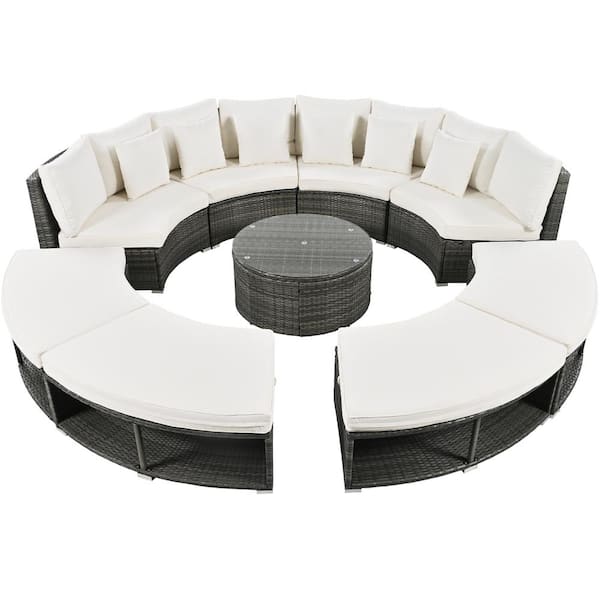 Runesay 9-Piece Wicker Rattan Luxury Circular Outdoor Sectional Set with Beige Cushions, 6 Pillows and Coffee Table