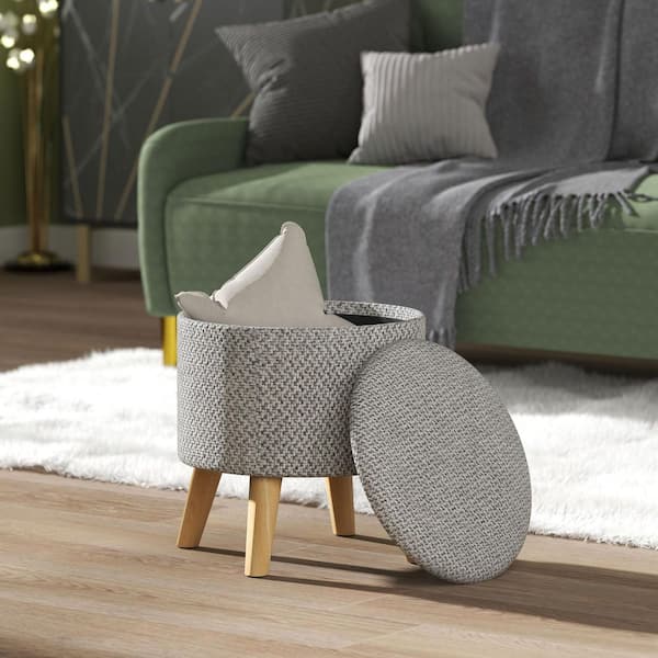 Storage Ottoman, Round Footstool with Linen Feel Polyester Upholstery, Removable Top and Wood Legs, Light Gray