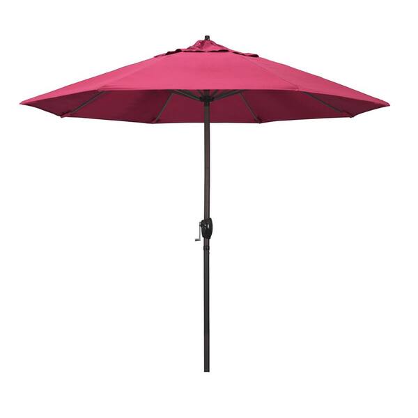 California Umbrella 9 ft. Bronze Aluminum Market Auto-tilt Crank Lift Patio Umbrella in Hot Pink Sunbrella