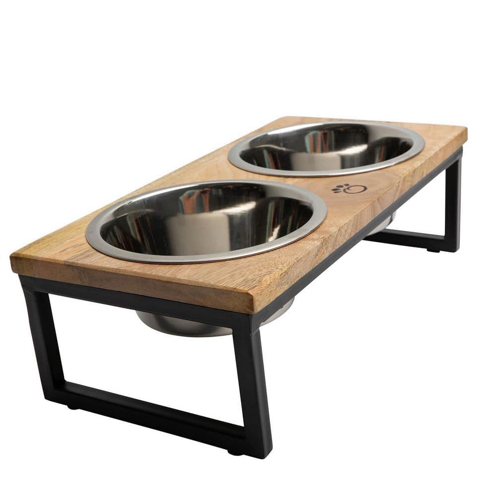 Large Mango Wood and Stainless Steel Elevated Pet Feeder