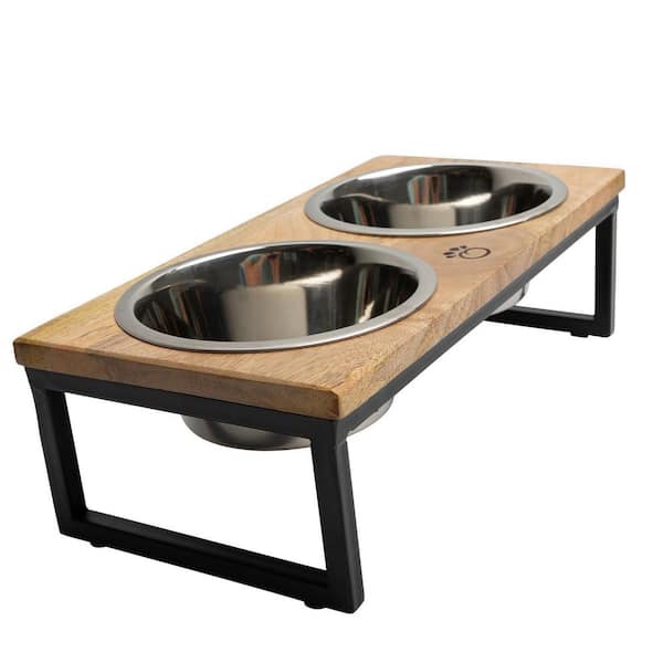 LR Home Handmade Wood Elevated Double Pet Feeder with Floral Cutouts , 19  x 9.5 x 5, Brown 
