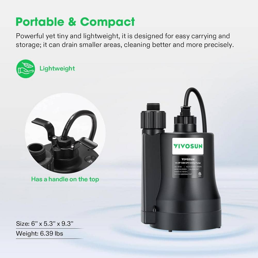 Black Thermoplastic 1/5HP Submersible Utility Pump with 10ft Cord