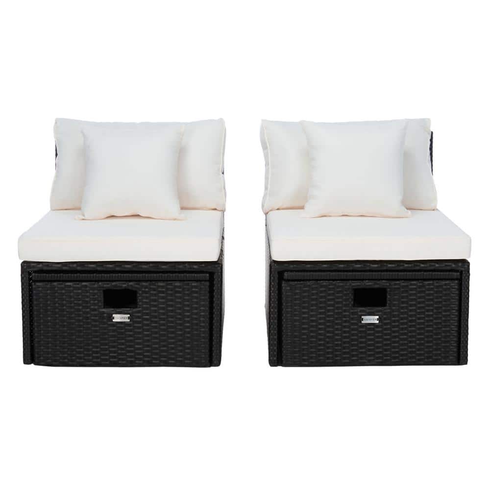 Pramla Black and Beige Wicker 2-Piece Outdoor Settee with Ottoman