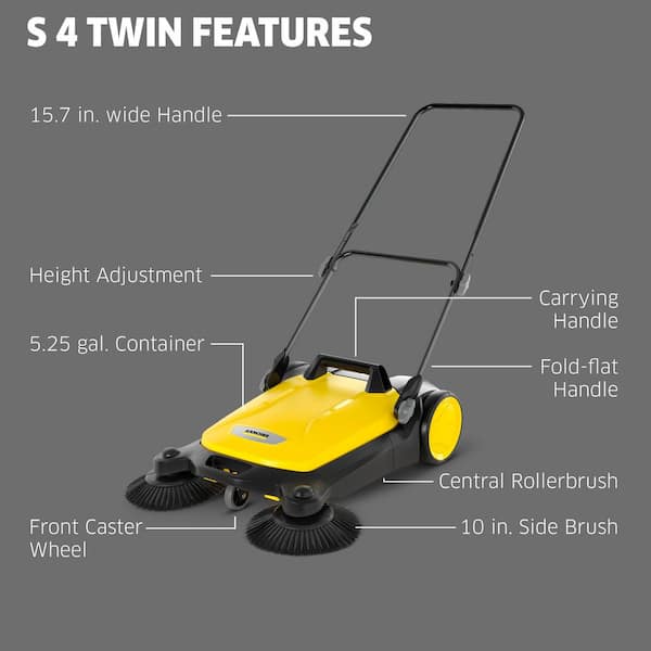 S 4 Twin Walk-Behind Outdoor Hand Push Sweeper - 5.25 Gal. Capacity