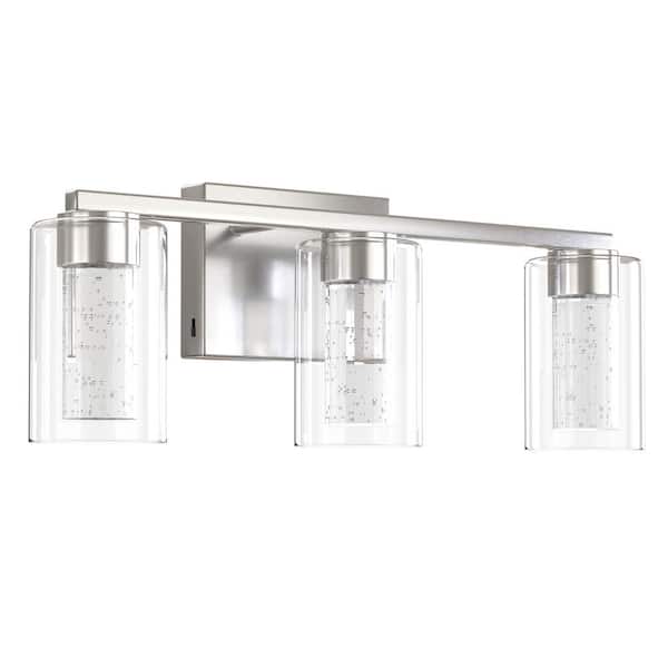 18 In. 3 Light Brushed Nickel LED Vanity Light with Dimmable White Neutral Warm Light Clear Glass Shade