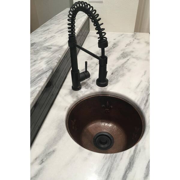All-in-One Dual Mount Copper 16 in. Round Fleur De Lis Bar/Prep Sink with Faucet and Strainer Drain in Oil Rubbed Bronze All-in-One Dual Mount Copper 16 in. Round Fleur De Lis Bar/Prep Sink with Faucet and Strainer Drain in Oil Rubbed Bronze