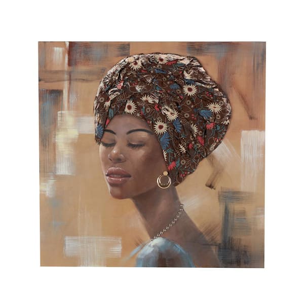 Litton Lane Framed 1-Panel Woman Art Print with 3D Fabric Headwear And Gold Jewels 40 in. x 40 in.
