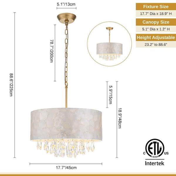 Sheke 4-Light 17.7 in.W Gold Capiz Shell and Crystal Drum Pendant Light for Dining Room and Living Room