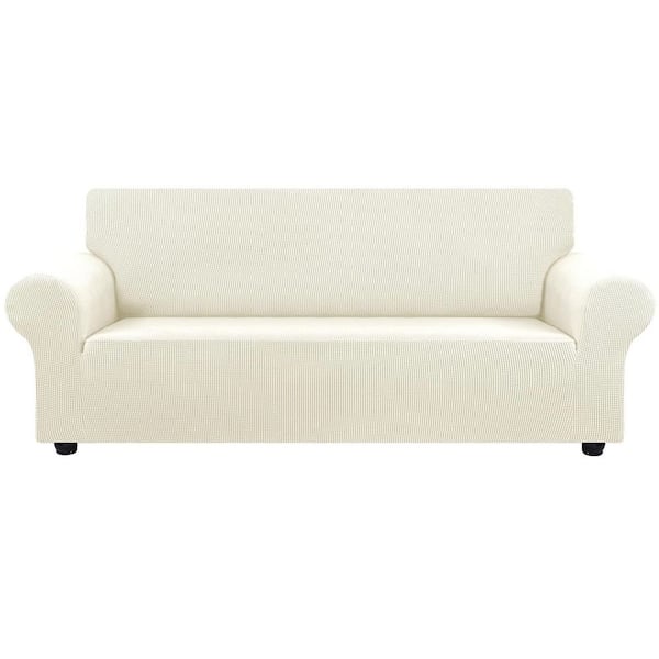 Large Stretch Sofa Cover Slipcover for 3-Cushion Couch (78"- 94") - Jacquard Small Checked Beige Furniture Protector
