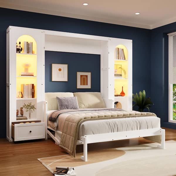 White Wood Frame Queen Size Murphy Bed, Wall Bed with Shelves, 2-Drawer, LED Lights, Desk