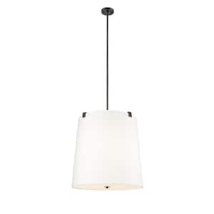 Weston 24 in. 6-Light Matte Black Shaded Pendant Light with White Linen Fabric Shade, No Bulbs Included